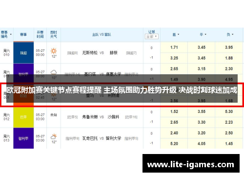 欧冠附加赛关键节点赛程提醒 主场氛围助力胜势升级 决战时刻球迷加成